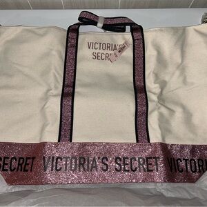 Victoria's Secret Cream and Pink Glittery Tote